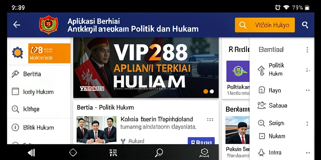 Screenshot antarmuka VIP288 yang menampilkan berita politik dan hukum.